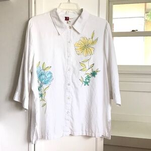 JM COLLECTION Linen Floral Button Down Shirt Top Women’s Plus Size 20W 2X
